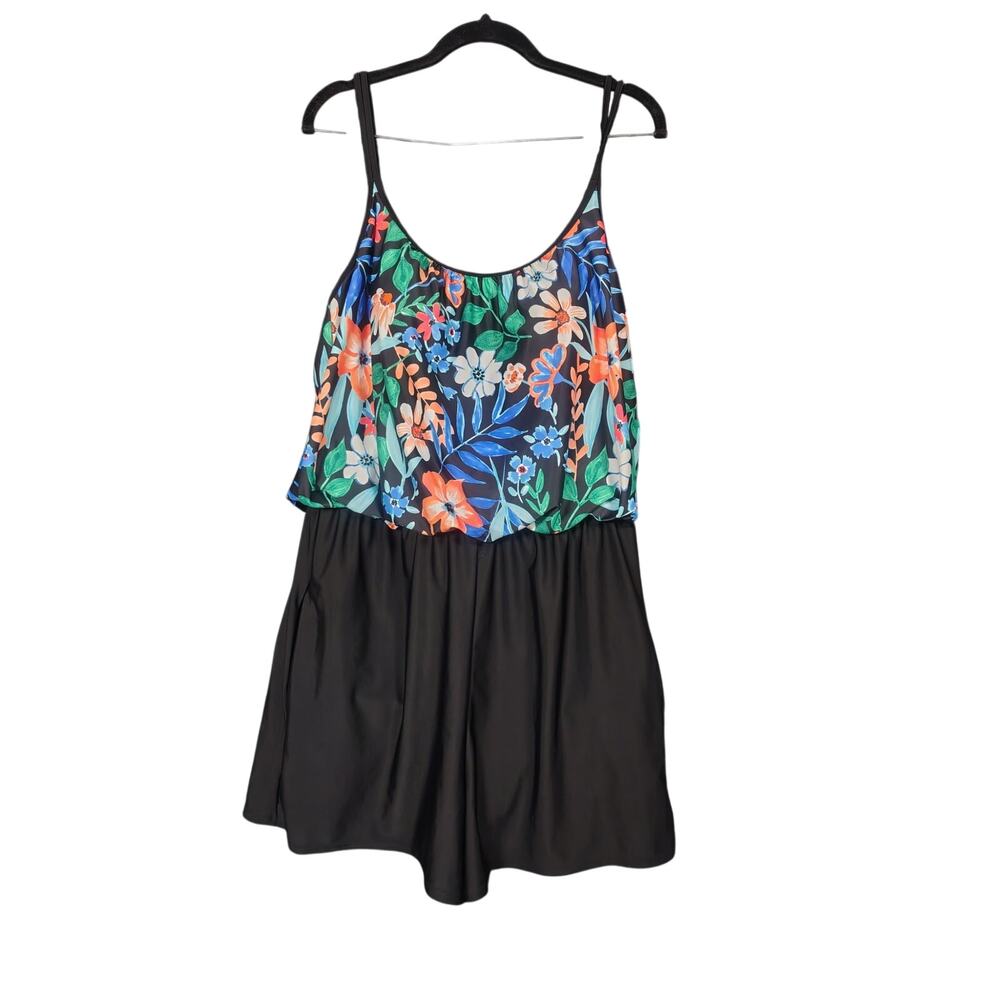 Sonnet Shores Floral Tankini Swim Romper in Black Adjustable Straps Women's 16